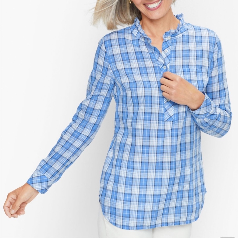 Talbots Plaid Ruffle Neck Popover Blouse, Size MP, NWT